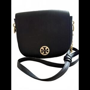 Tory Burch Everly Black Pebbled Leather Flap Saddle Bag